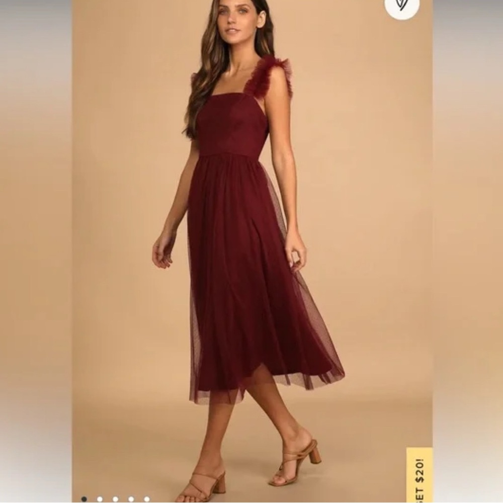Divine Invitation Burgundy Tulle Swiss Dot Ruffled Midi Dress size XS - Picture 1 of 11